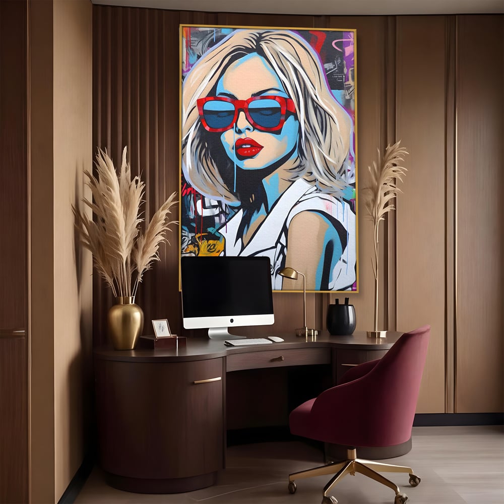 Tablou canvas cu tablou canvas portret pop art femeie cu ochelari, in rama de aluminiu auriu, pe perete intr-un birou